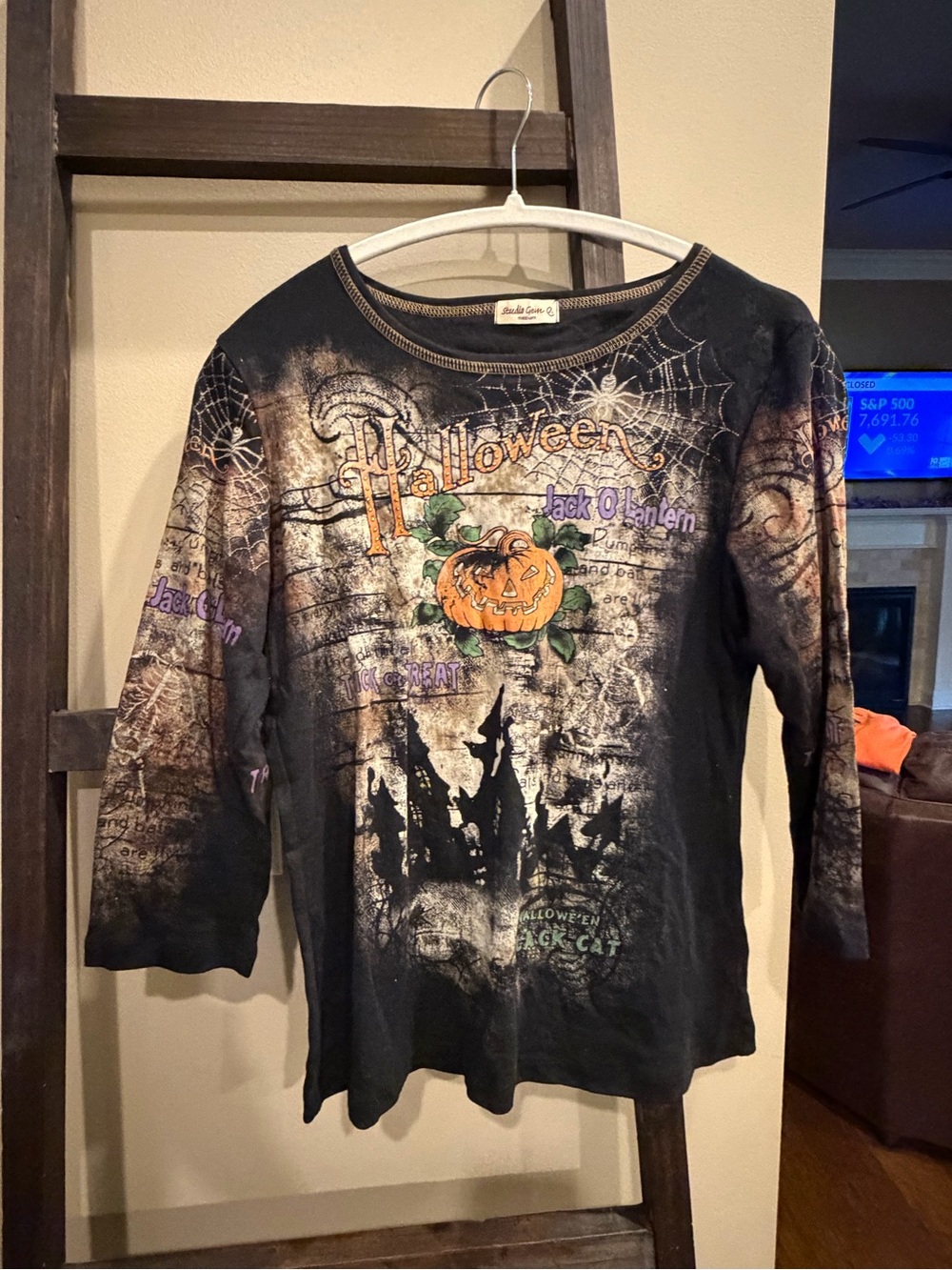 2- Halloween Jack-O'-Lantern Graphic Long Sleeve Tee - Black